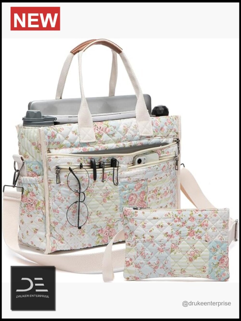Quilted Cotton Tote Bag with 14 Pockets, Convertible Crossbody Shoulder Bag for